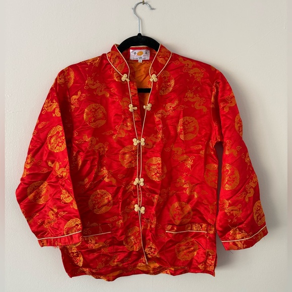 Chinese Traditional 2Pc Set Red Satin & Gold Dragon - Picture 14 of 15